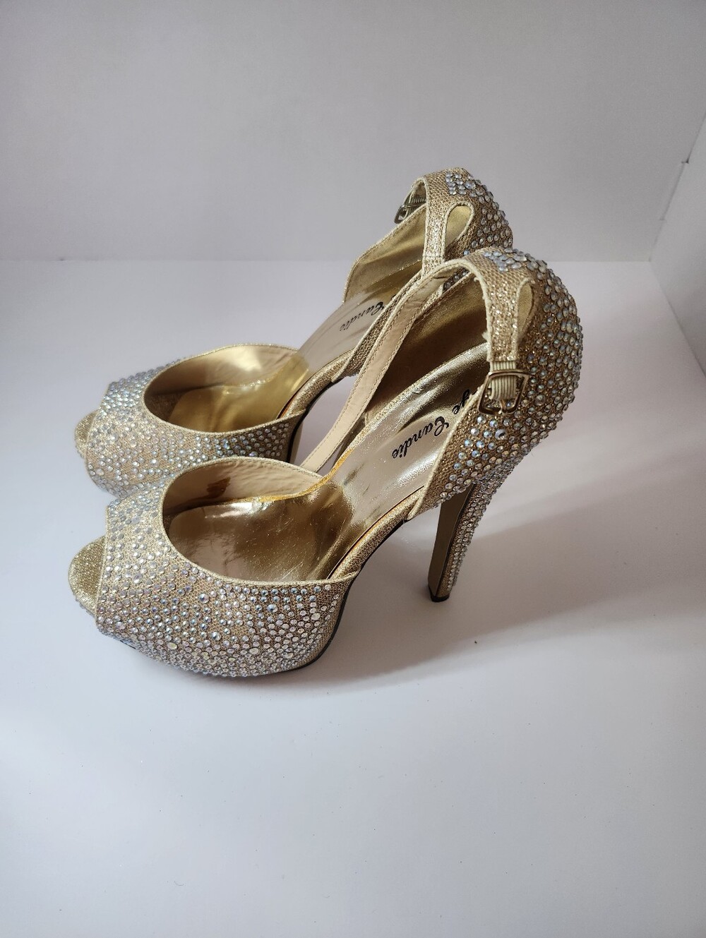 Gold Crystal Peep-Toe High Heels with Ankle Strap Bridal Prom - Picture 5 of 5